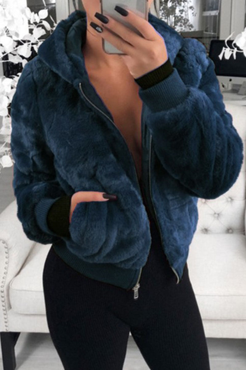 Fashion Street Solid Patchwork Hooded Collar Outerwear(9 Colors)