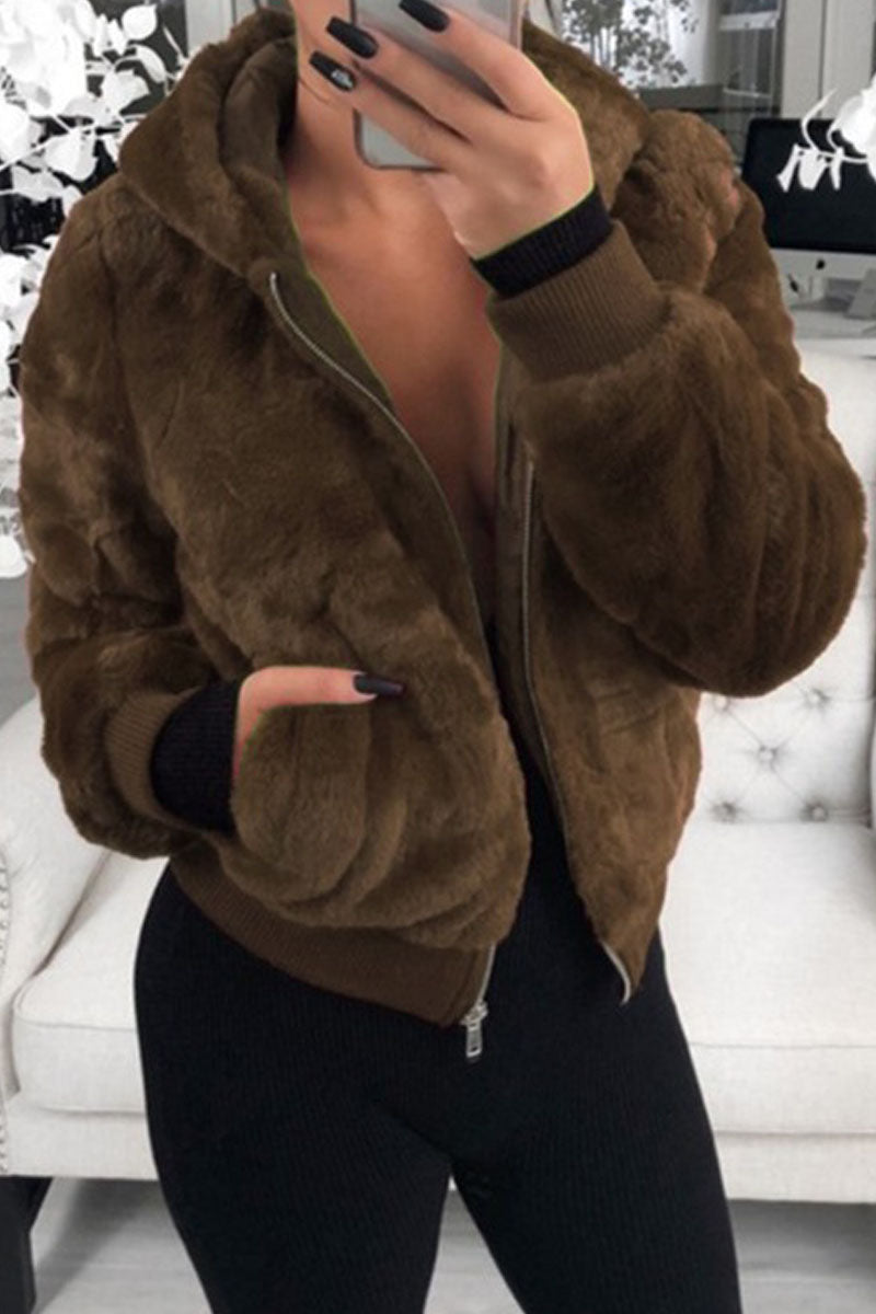 Fashion Street Solid Patchwork Hooded Collar Outerwear(9 Colors)