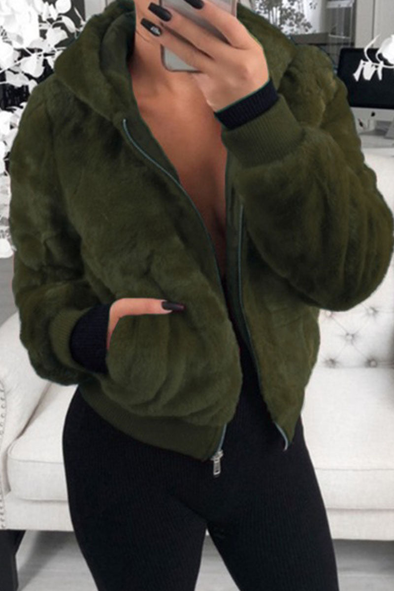 Fashion Street Solid Patchwork Hooded Collar Outerwear(9 Colors)