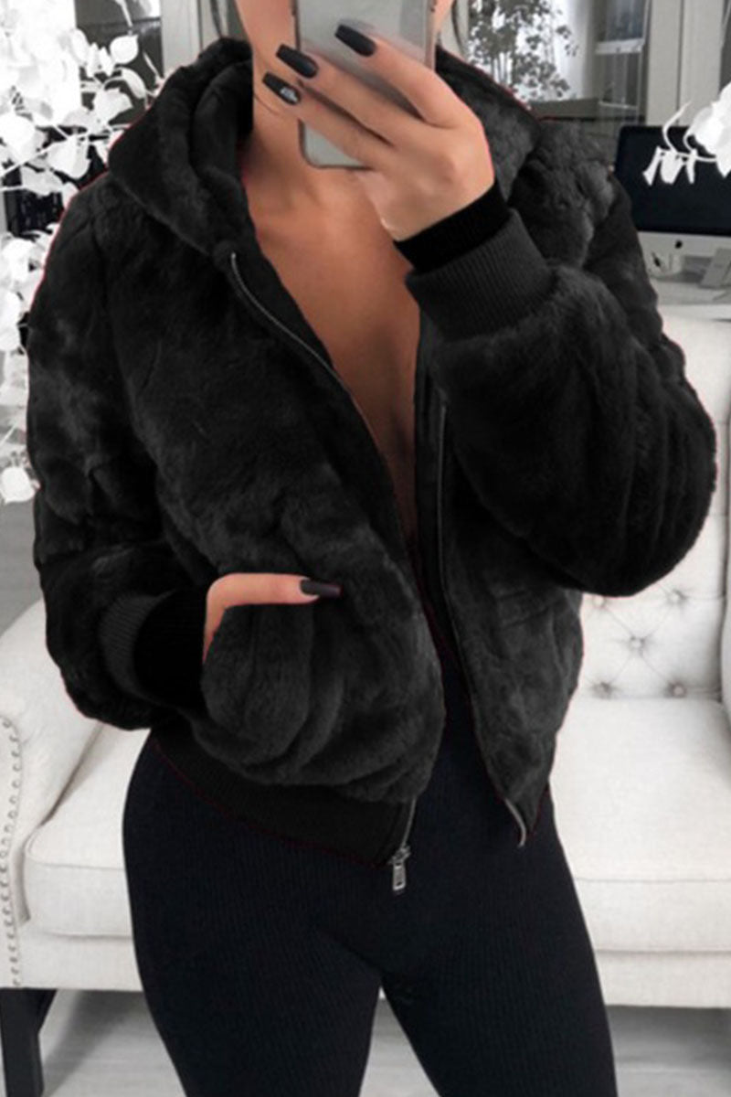 Fashion Street Solid Patchwork Hooded Collar Outerwear(9 Colors)