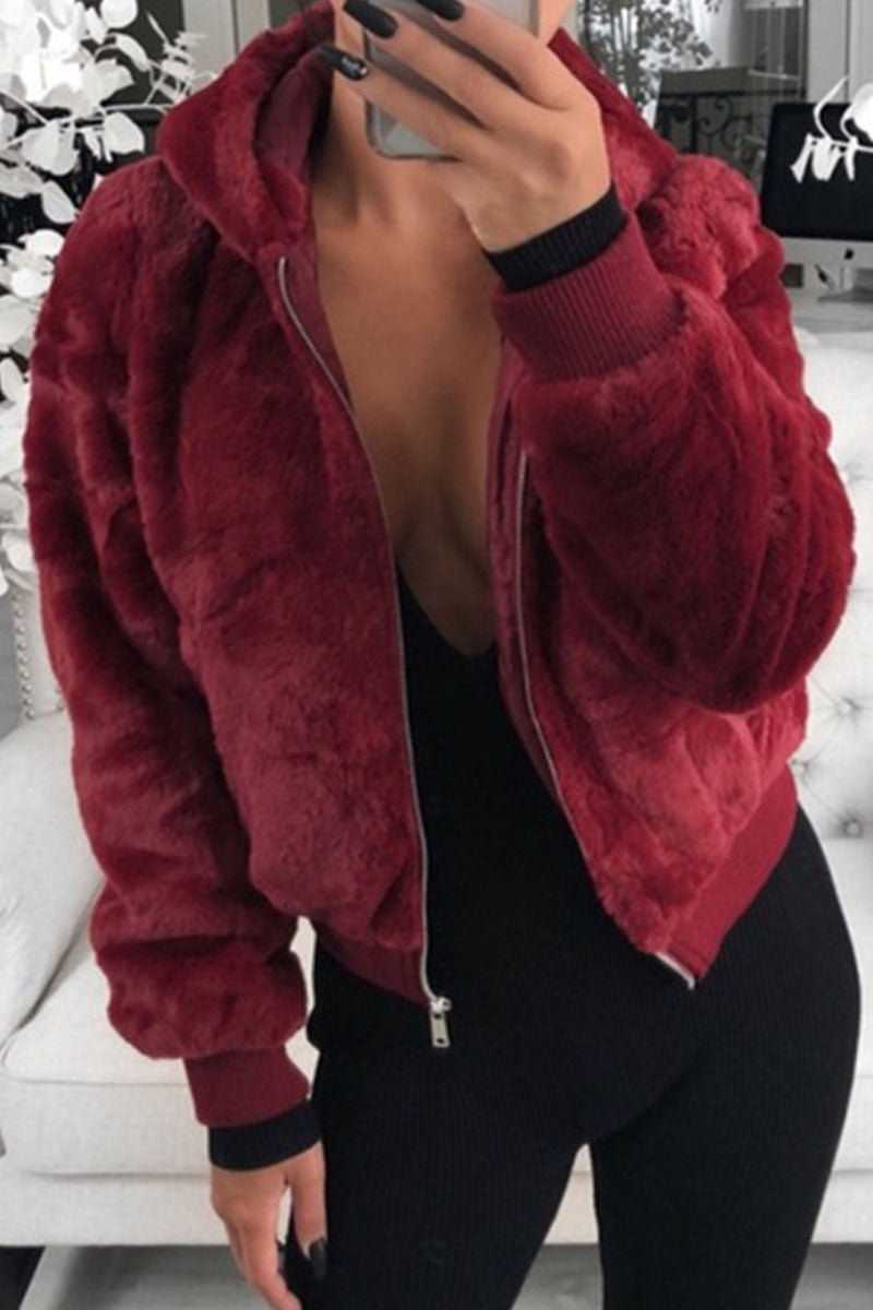 Fashion Street Solid Patchwork Hooded Collar Outerwear(9 Colors)