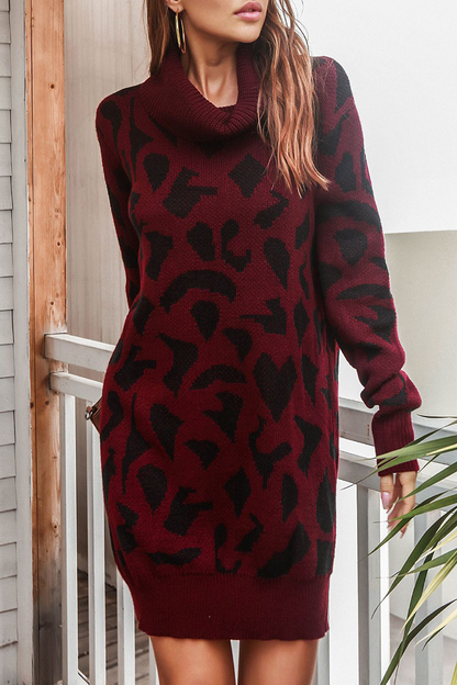 Casual Print  Contrast Turtleneck Dresses Sweater