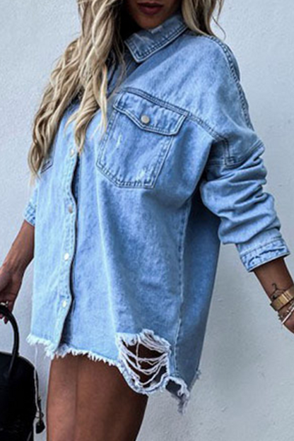 Casual Solid Ripped Make Old Turndown Collar Long Sleeve Denim Jacket