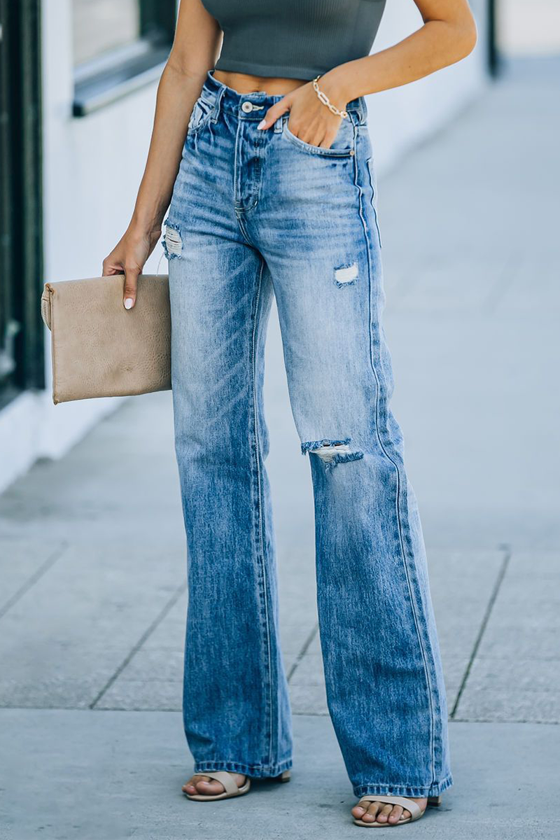 Casual Solid Tassel Ripped Straight Wide Leg Solid Color Bottoms