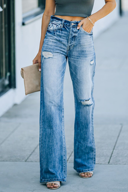 Casual Solid Tassel Ripped Straight Wide Leg Solid Color Bottoms