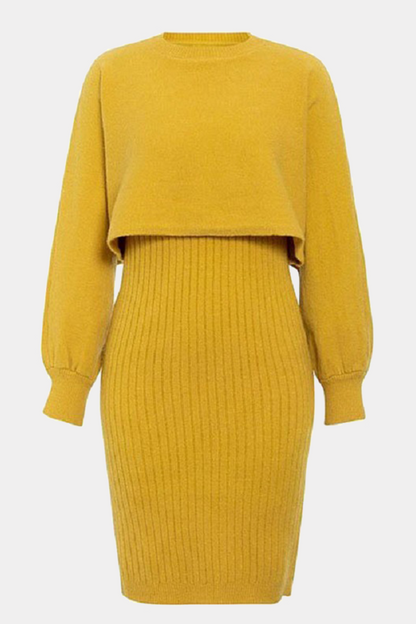 Elegant Solid Split Joint O Neck Long Sleeve Two Pieces