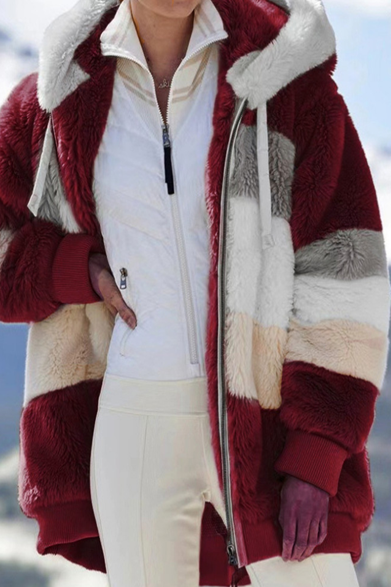 Casual Patchwork Contrast Zipper Hooded Collar Outerwear