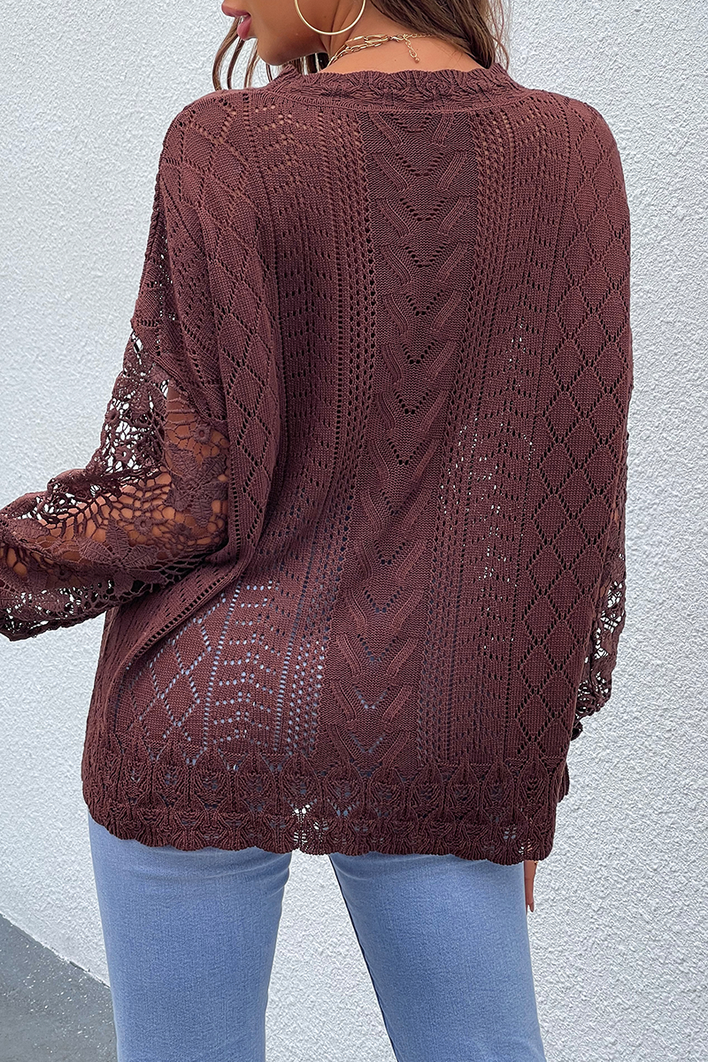 Casual Solid Lace Hollowed Out O Neck Tops Sweater(4 Colors)