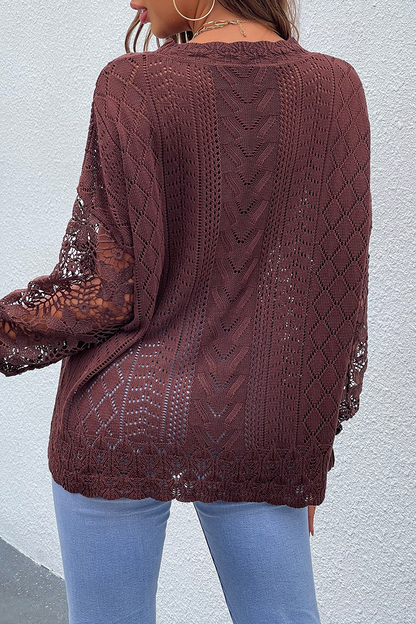 Casual Solid Lace Hollowed Out O Neck Tops Sweater(4 Colors)