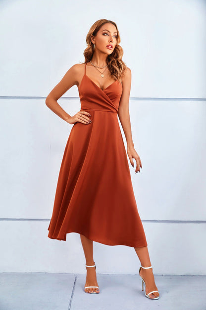 Terracotta Satin Bow-Back Midi Dress