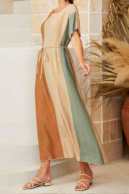 Casual Color Lump With Belt  Contrast O Neck Dresses