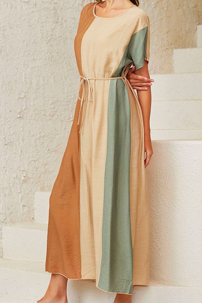 Casual Color Lump With Belt  Contrast O Neck Dresses