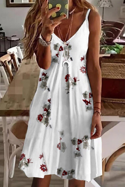 Casual Print Patchwork V Neck A Line Dresses(4 Colors)