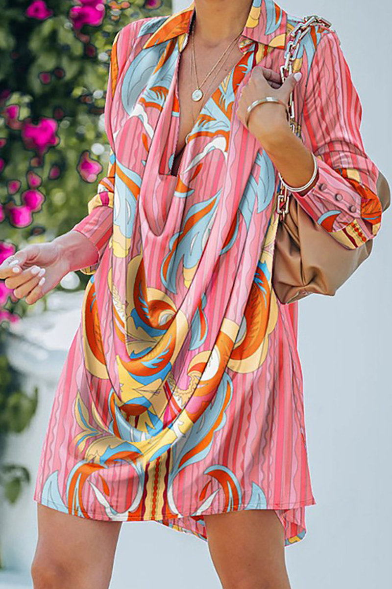 Casual Print Leopard Buttons Fold Turndown Collar A Line Dresses