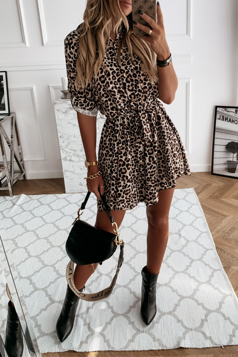 Casual Elegant Print Leopard Frenulum Buckle Dresses
