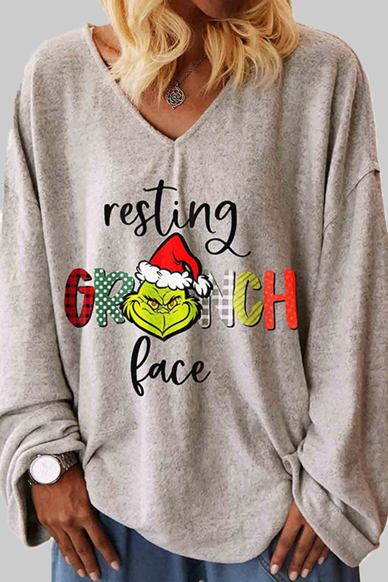 Fashion Street Print Split Joint V Neck T-Shirts