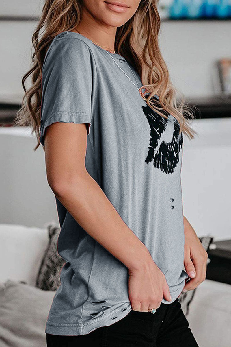 Fashion Sweet Print Split Joint O Neck T-Shirts(3 Colors)