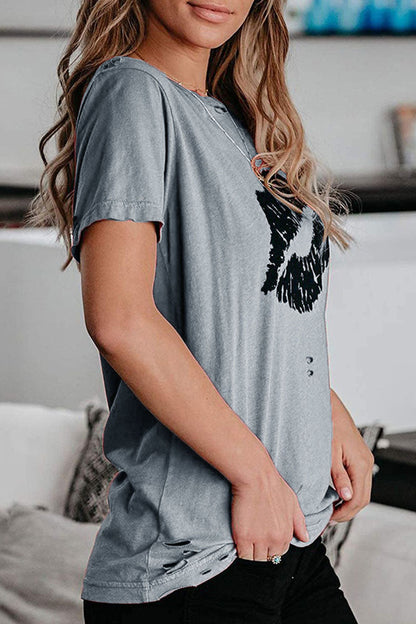 Fashion Sweet Print Split Joint O Neck T-Shirts(3 Colors)