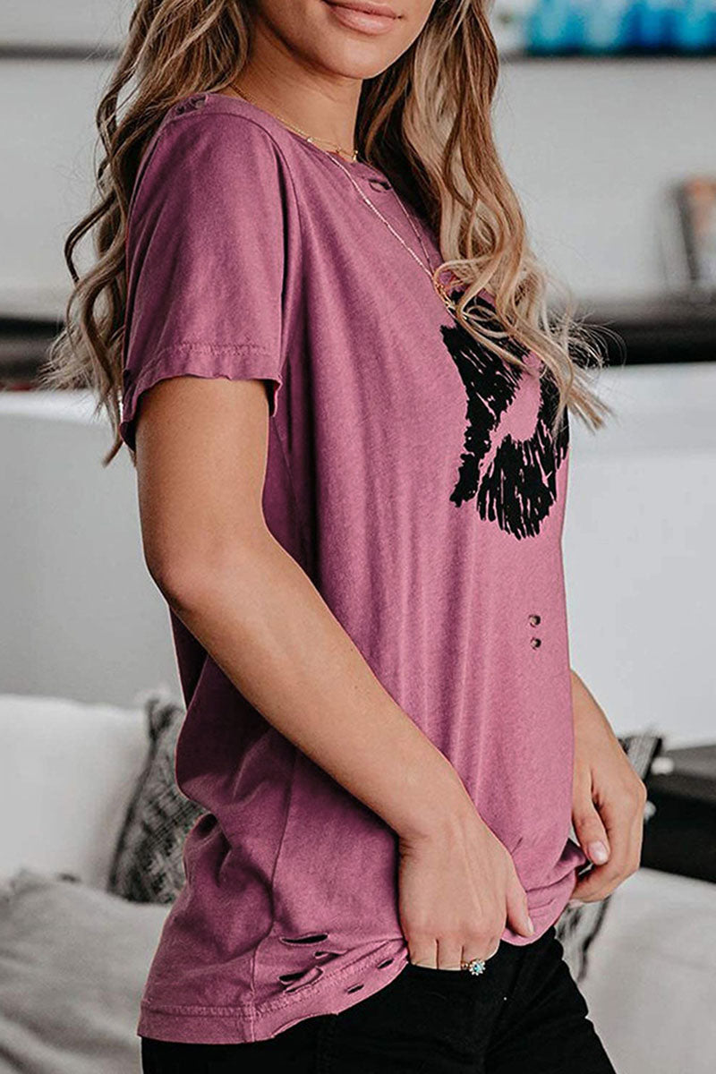 Fashion Sweet Print Split Joint O Neck T-Shirts(3 Colors)