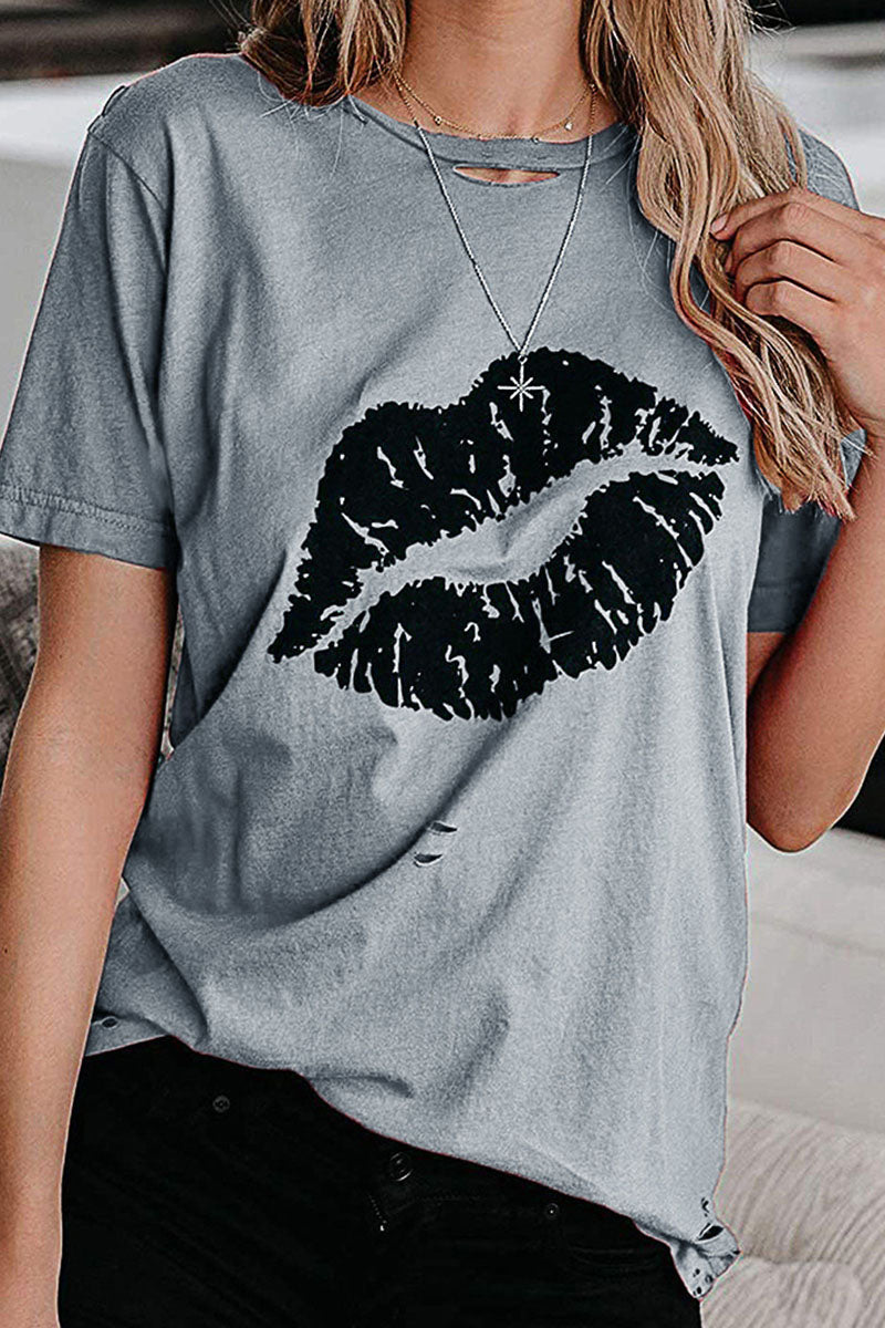 Fashion Sweet Print Split Joint O Neck T-Shirts(3 Colors)