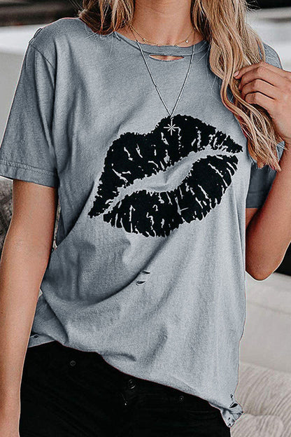 Fashion Sweet Print Split Joint O Neck T-Shirts(3 Colors)