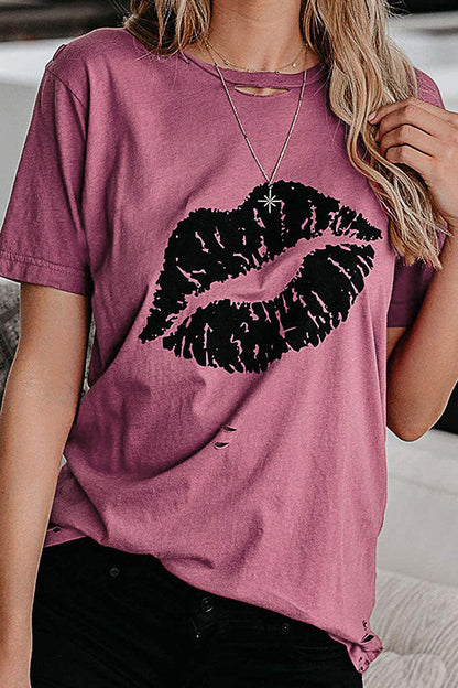 Fashion Sweet Print Split Joint O Neck T-Shirts(3 Colors)