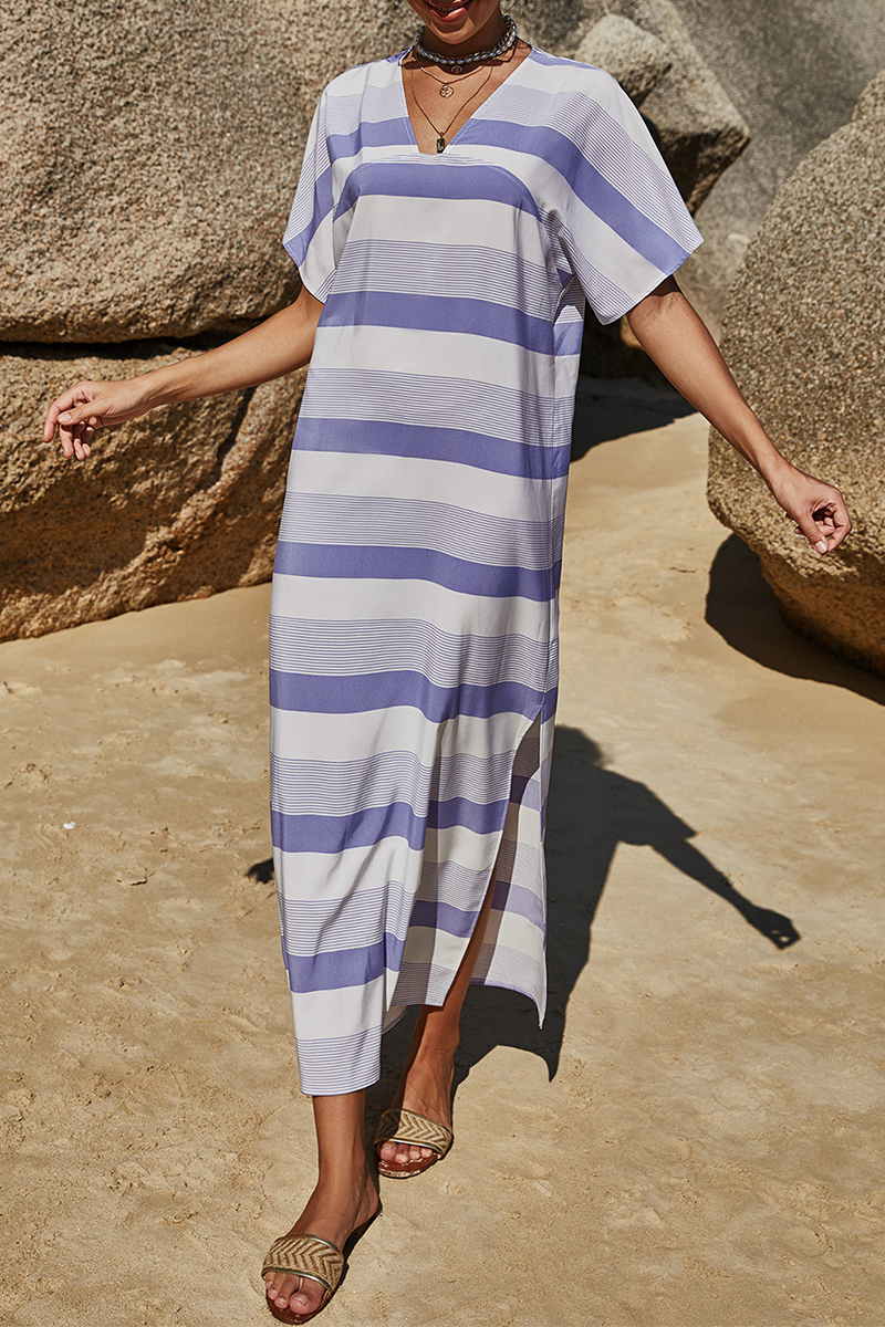 Casual Striped Patchwork Slit V Neck Dresses