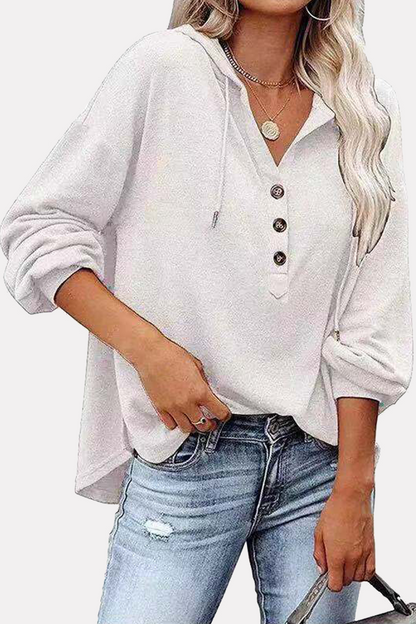 Casual Solid Draw String Buckle Hooded Collar Tops