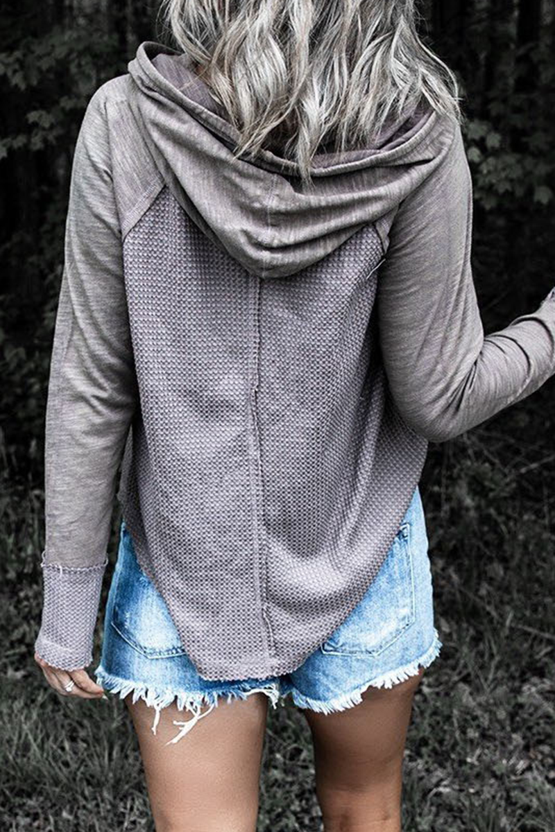 Casual Patchwork Draw String Contrast Hooded Collar Tops(5 Colors)