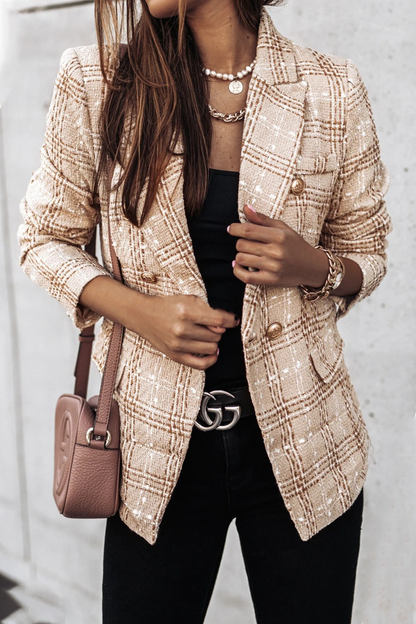 Elegant Plaid Striped Patchwork Buckle Turndown Collar Outerwear(4 Colors)