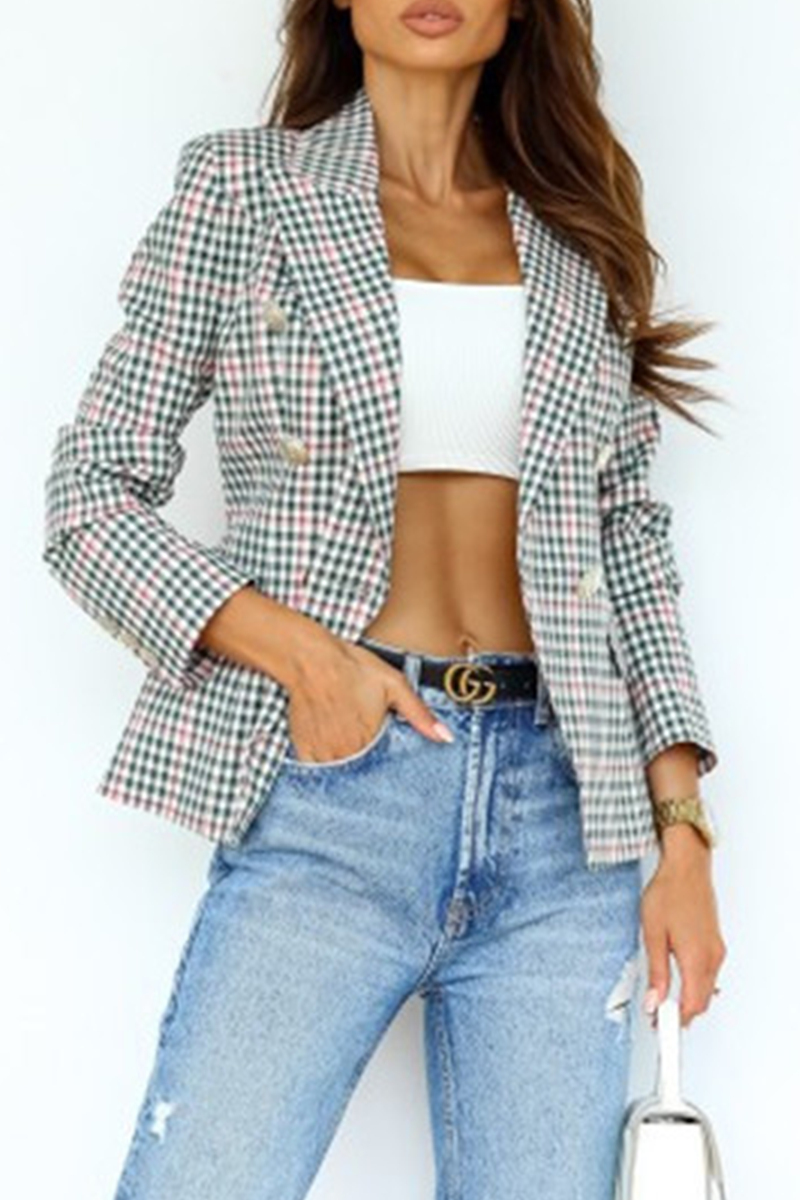 Casual Street Plaid Patchwork Buckle Turn-back Collar Outerwear