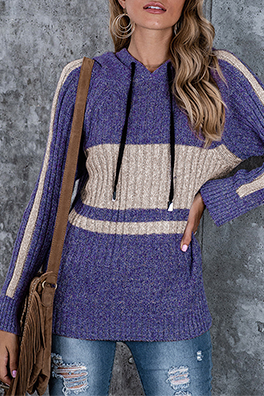 Casual Patchwork Draw String  Contrast Hooded Collar Tops