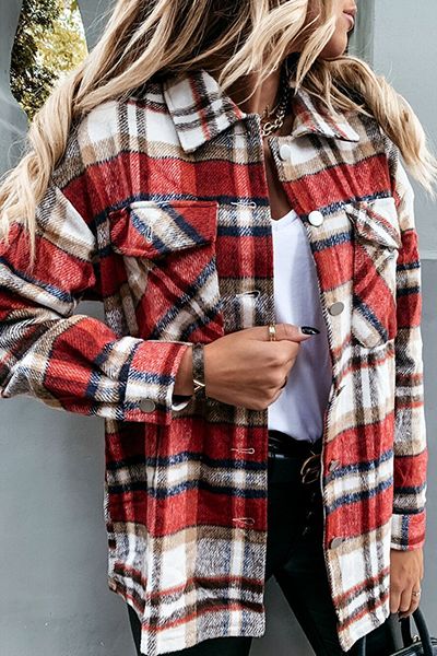 Casual Plaid Buckle Turndown Collar Outerwear(3 Colors)