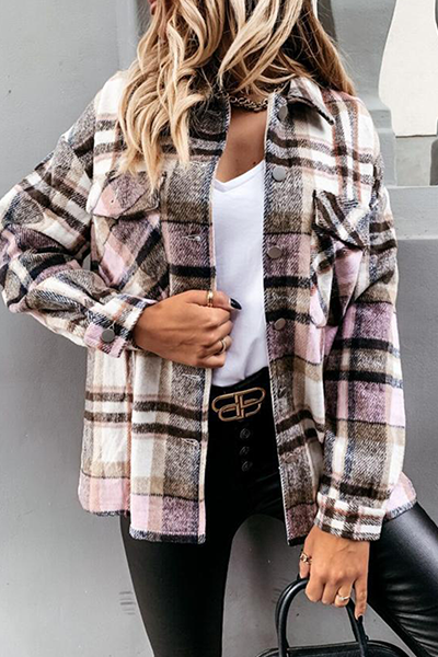 Casual Plaid Buckle Turndown Collar Outerwear(3 Colors)