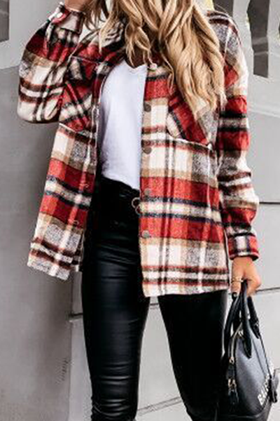 Casual Plaid Buckle Turndown Collar Outerwear(3 Colors)