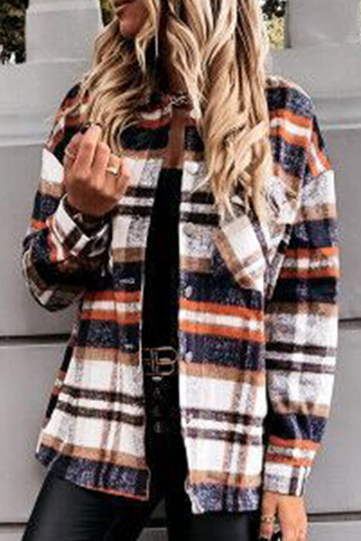Casual Plaid Buckle Turndown Collar Outerwear(3 Colors)
