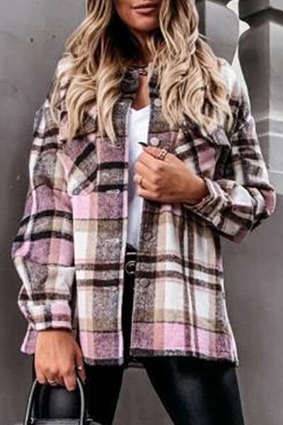 Casual Plaid Buckle Turndown Collar Outerwear(3 Colors)