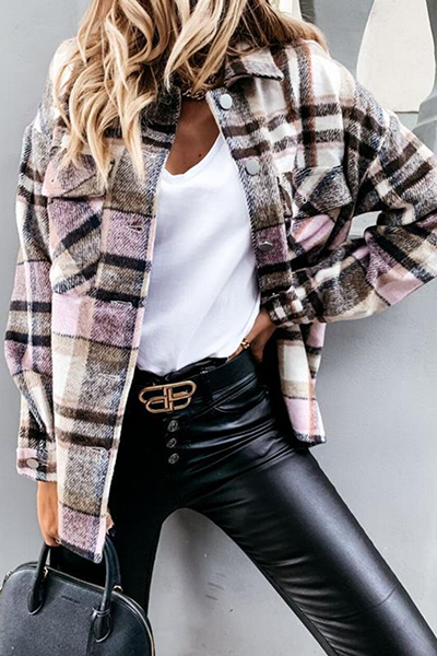 Casual Plaid Buckle Turndown Collar Outerwear(3 Colors)