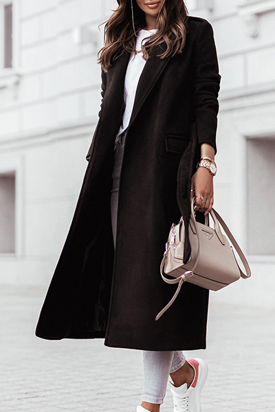 Casual Elegant Solid Patchwork With Belt Turn-back Collar Outerwear(4 Colors)