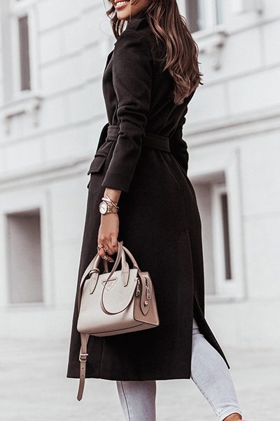 Casual Elegant Solid Patchwork With Belt Turn-back Collar Outerwear(4 Colors)