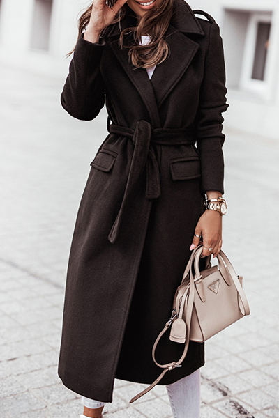 Casual Elegant Solid Patchwork With Belt Turn-back Collar Outerwear(4 Colors)