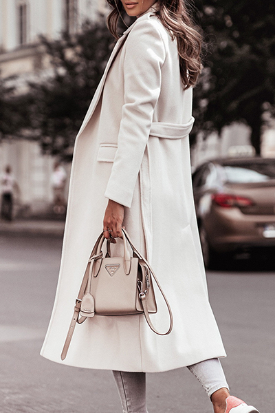 Casual Elegant Solid Patchwork With Belt Turn-back Collar Outerwear(4 Colors)