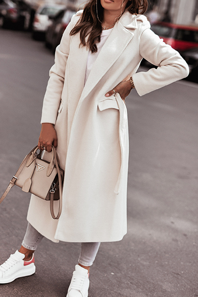 Casual Elegant Solid Patchwork With Belt Turn-back Collar Outerwear(4 Colors)