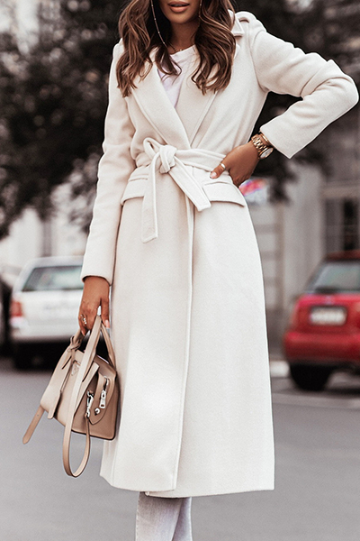 Casual Elegant Solid Patchwork With Belt Turn-back Collar Outerwear(4 Colors)