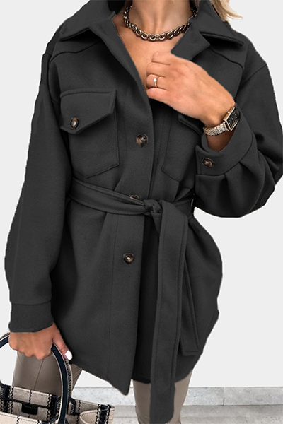 Casual Street Solid Buckle With Belt Turndown Collar Outerwear