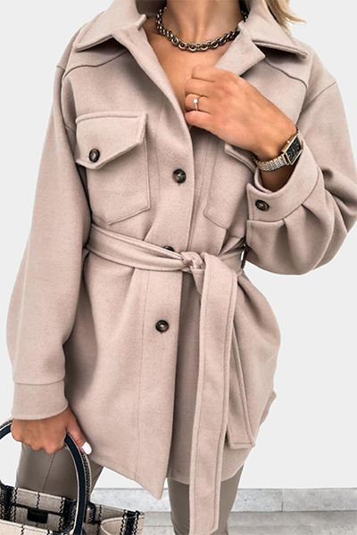 Casual Street Solid Buckle With Belt Turndown Collar Outerwear