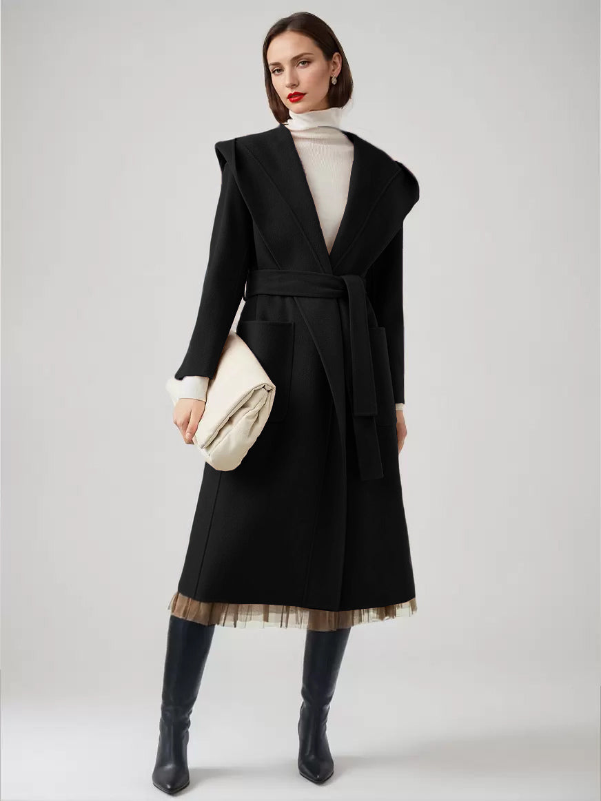 Wool Cashmere Blend Wrap Coat With Hood Double-Faced Camel Belted Winter Outerwear For Women 2026
