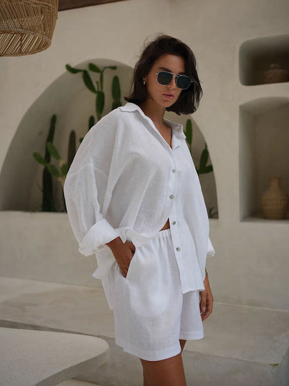 Long Sleeve Shirt Shorts Set Blouse