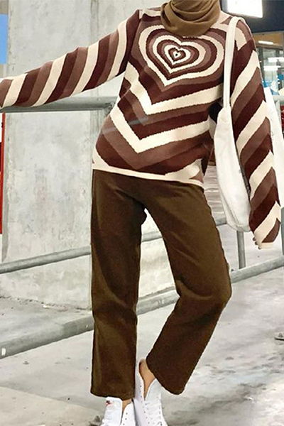 Casual Street Print Patchwork Contrast Half A Turtleneck Tops Sweater(4 Colors)