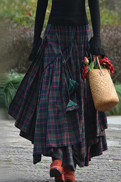 Vintage Plaid Patchwork Flounce Asymmetrical Full Print Bottoms